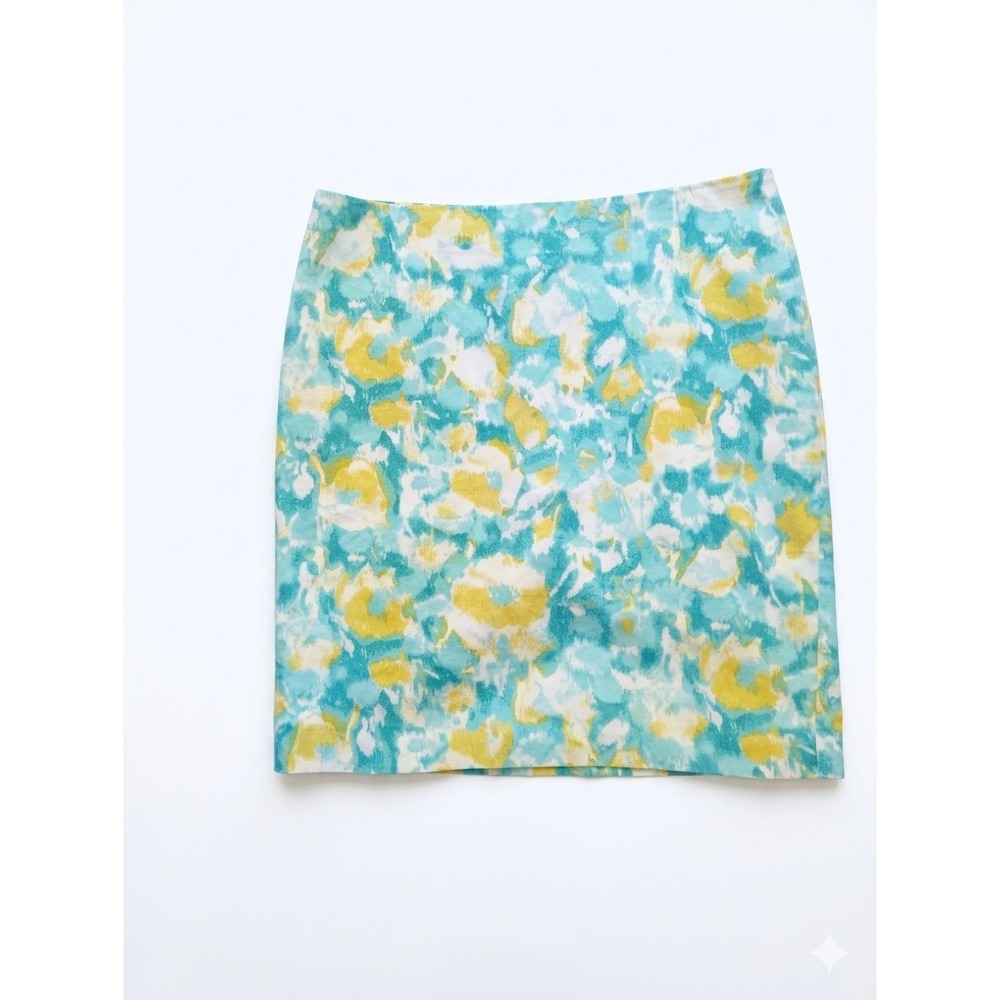 Talbots‎ Petites Blue Yellow Watercolor Floral Cotton Blend Pencil Skirt 14P